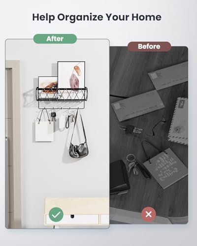 Key Holder Wall Mount Adhesive- Key and Mail Holder for Wall with 5 Hooks, Wall Mounted Mail Organizer and Key Rack, Modern Basket Key Hanger for Entryway, Home, Living Room Wall Decor, Black - Image 6