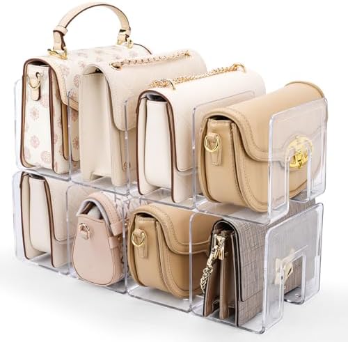 2 Pack Acrylic Purse Organizer for Closet, 8-Slot Bag & Purse Organizer, No Assembly, Clear Handbag Storage Shelf .for Shelf Divider Handbags, Clothes, Sweater by AMZABBY