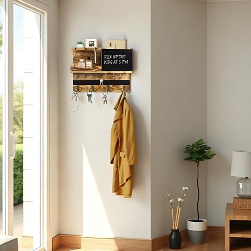 Key Holder Wall Mount with Shelf, Key Hooks for Wall, Wood Color - Image 5