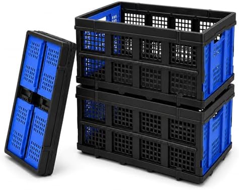 Collapsible Storage Crates 3 Pack, Stackable Foldable Storage Bins for Garage, Car Trunk, Warehouse & Home Organization, Heavy Duty Plastic Utility Crates, 49L, Blue by Mecbellor