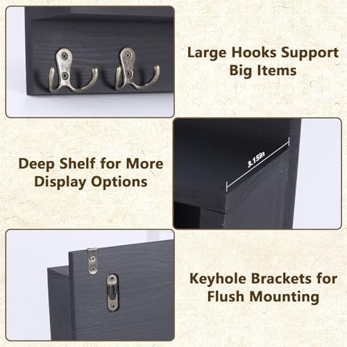 Key and Mail Holder Wall Mount, Wooden Entryway Organizer with 2 Hooks & Shelf, Compact Key Rack for Wall with Mail Organizer & Sunglasses Bar, Black Finish for Mudroom Hallway Decor - Image 2