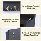 Key and Mail Holder Wall Mount, Wooden Entryway Organizer with 2 Hooks & Shelf, Compact Key Rack for Wall with Mail Organizer & Sunglasses Bar, Black Finish for Mudroom Hallway Decor - Image 2