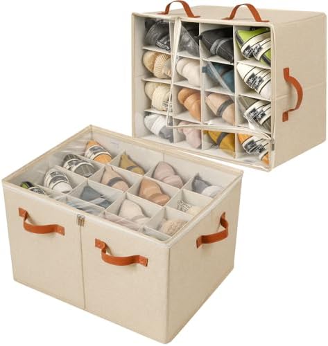 TOPIA HOME Shoe Organizer for Closet 2 Pack, Foldable Shoe Box with Adjustable Dividers and Clear Cover, Space Saving Shoe Storage Organizer Cabinet with Reinforced Handles, Fits 32 Pairs TP12J by TOPIAHOME