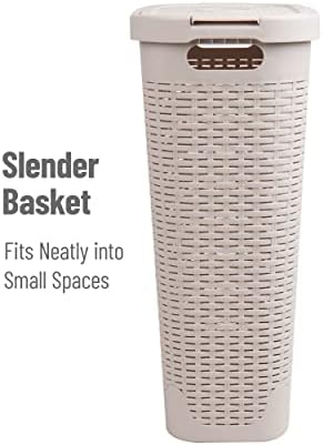 Mind Reader Slim Laundry Hamper with Lid, 40L Clothes Basket, Narrow Tapered Design with Ventilated Cutout Pattern, Plastic, Ivory - Image 6