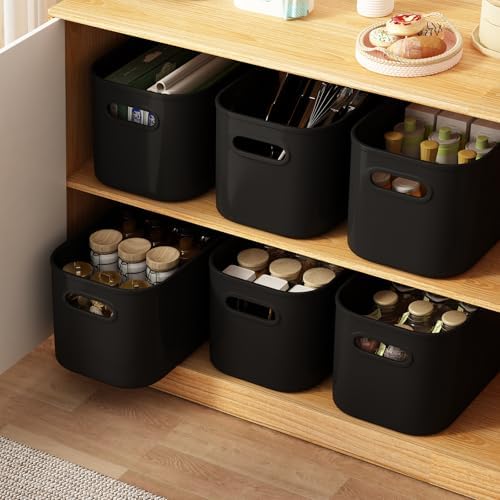 ORGIDOL 6 Pack Black Storage Bins with Lids Stackable Storage Container for Organizing, Black Storage Boxes with Handle for Shelves, Cute Organizer Bins for Craft, Snacks, 9.85x6.9x5.7 inch - Image 4