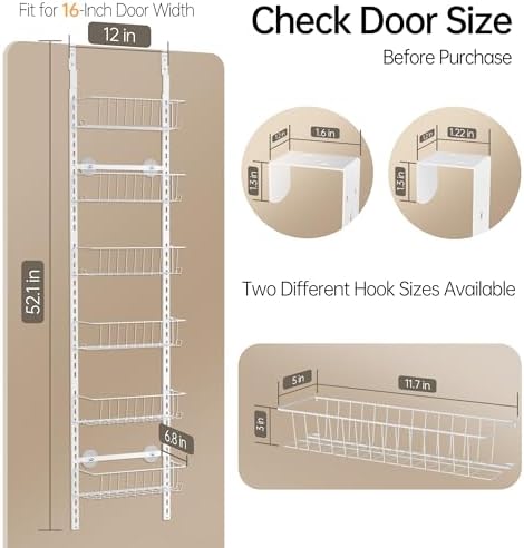 Delamu Pantry Door Organizer, Adjustable Metal Over the Door Pantry Organizer Rack, 6-Tier Over the Door Spice Rack, Kitchen Pantry Door Organizers and Storage, D5 W12 H52.1 inch, White, Small - Image 6