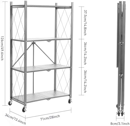 BRIAN & DANY 4-Tier Foldable Storage Shelves with Wheels, Folding Metal Rack Shelving Unit, Heavy Duty No Assembly Organizer Shelf for Garage, Kitchen, Basement, Pantry, Gray - Image 3