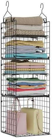 X-cosrack Hanging Closet Organizer and Storage - 5-Tier Closet Storage Organizer Baskets for Clothes & Adjustable Collapsible Metal Closet Hanging Organizer Shelves for Sweaters Shoes Handbags by X-cosrack