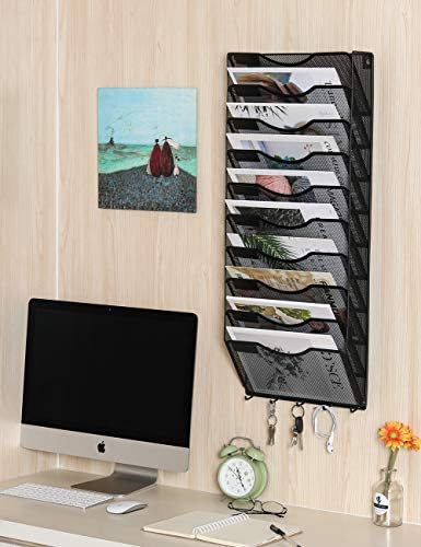 EasyPAG 10 Pocket Mesh Wall File Organizer with Key Hooks, Hanging Paper Folder Holder with Classify Label, Vertical Wall Mount Mail Organizer for Office Home Classroom, Black - Image 6
