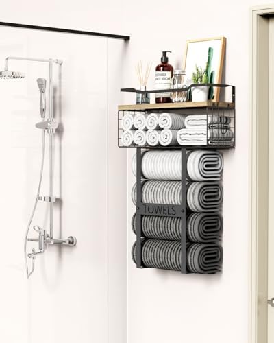 Towel Racks for Bathroom Wall Mounted - Bath Wall Towel Holder Set Above Toilet Storage, Rolled Towel Shelf Organizer for Small Bathroom, Wood Vertical Towel Rack for Bathroom Wall Decor - Image 2