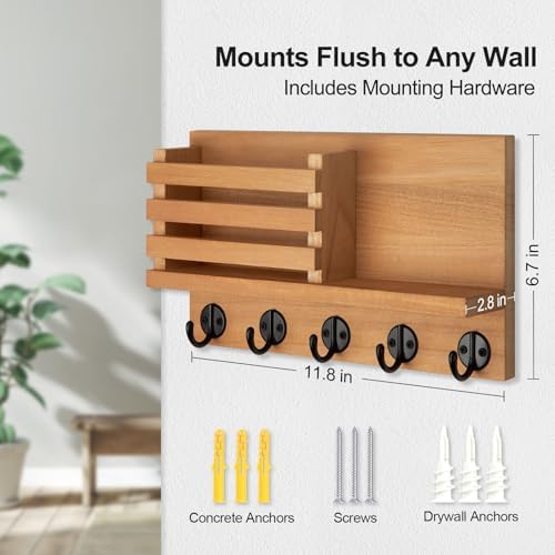 Lwenki Key Holder for Wall – Decorative Wooden Mail Holder and Key Shelf with Mounting Hardware, Installation Guide – Paulownia Wood with Metal Key Hooks (Light Brown, Large - 11.8inch) - Image 2