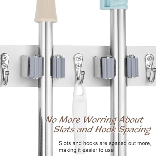 OUTNILI White Mop Broom Holder Wall Mount with 4 Slots & 4 Hooks - Wood Broom Mop Hanger for Pantry Closet Laundry Room Organization - Heavy Duty Garden Tool Organizer - White Kitchen Decor - Image 4