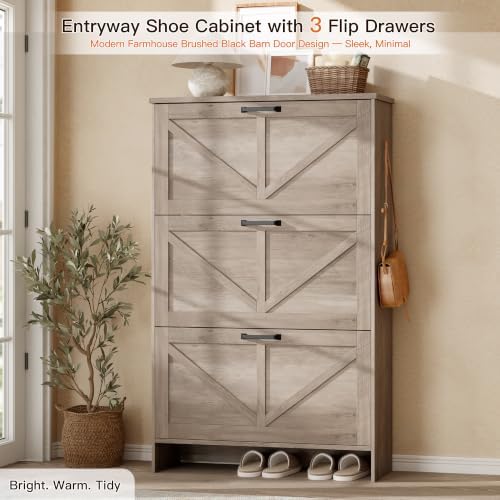 Nicetree Shoe Cabinet for Entryway, 3 Flip Drawers Shoe Storage Cabinet with 3-Tier Adjustable Shelves, Ultra Slim Freestanding Hidden Shoe Organizer with Barn Door Design, Dove Gray - Image 3