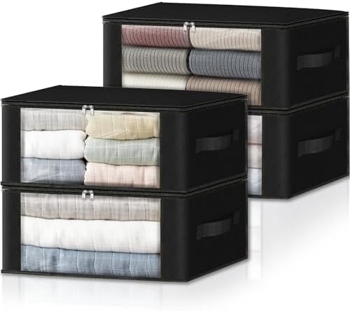 HomeHacks 4-Pack Clothes Organizer Storage Bags, 35L Storage Bins, Black | Foldable Storage Box Container with Zippers, Clear Window, Reinforced Handles for Closet, Dorm, Pillows, Bedding, Sweater by HomeHacks