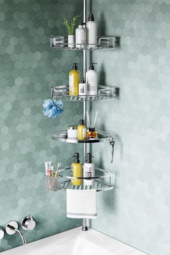 HAMITOR Shower Caddy Tension Pole, 4 Tier Corner Shower Shelves - Silver by HAMITOR