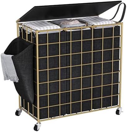 Laundry Basket with Wheels, Heavy Duty Laundry Sorter 3 Sections, 140L (37Gal.) Large Capacity Hamper with Wood Lid, 360 Rolling Wheels, Extra Side Pocket, Leather Pull Handle,Golden+Black by Unknown