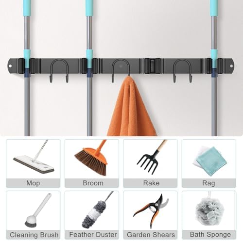 Broom Holder Wall Mount, 2 Packs Black Stainless Steel Tool Storage Organizer for Kitchen Garden Garage Laundry Room Bathroom and RV with 4 Slots 6 Hooks - Image 5