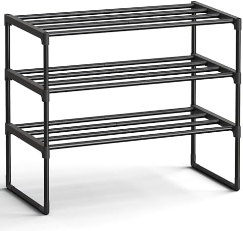 SONGMICS Shoe Rack, 3-Tier Shoe Organizer, Metal Storage Shelf | for Entryway, Upright or Upside Down, for 8-12 Pairs, Stackable, 11.8 x 26.8 x 21.7 Inches, Black ULSA203B01 by Unknown
