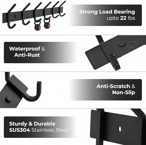 Coat Rack Wall Mount – 17 Inch Stainless Steel Hook Rail with 6 Double Coat Hooks for Hanging – Wall Mounted Entryway Organizer for Coats, Hats, Bags, Towels, Robes, Closet or Bathroom - Black 4 Pack - Image 3