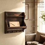 Pine Wood Mail Organizer Wall Mount with 7 Hooks Entryway, Vintage Brown - Image 5