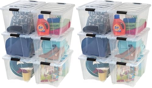 IRIS USA 54 Qt Stackable Plastic Storage Bins with Lids, 12 Pack - BPA-Free, Made in USA - See-Through Organizing Solution, Latches, Durable Nestable Containers, Secure Pull Handle - Clear by IRISUSA