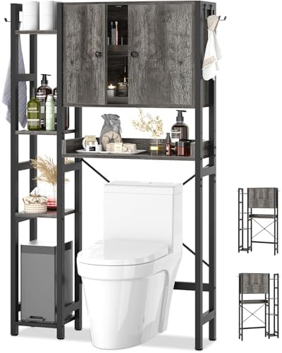 Over The Toilet Storage Cabinet with Doors - 7 Tier Bathroom Organizer with Adjustable Shelf, Freestanding Space Saver Rack Above Toilet Stand with 4 Hooks for Bathroom, Restroom, Laundry, Grey Oak by Besiost