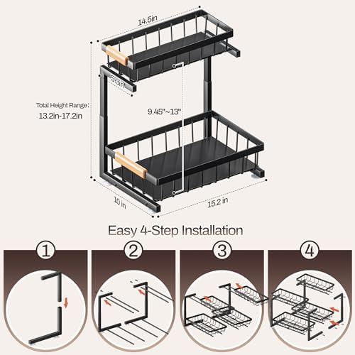 ADBIU Under Sink Organizer, 2 Pack 2 Tier Expandable Height (13.2" - 17.2") Pull out Kitchen Bathroom Cabinet Organizers and Storage Shelf - Image 2