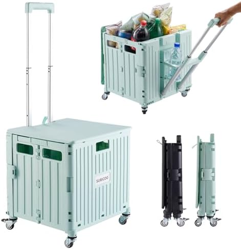 Folding Utility Cart Portable Rolling Crate Handcart Shopping Trolley Collapsible Tool Box, with Lid, on 4 Rotate Wheels, for Grocery, Shopping, Office, Camp, Teacher (Green) by SUBICOO