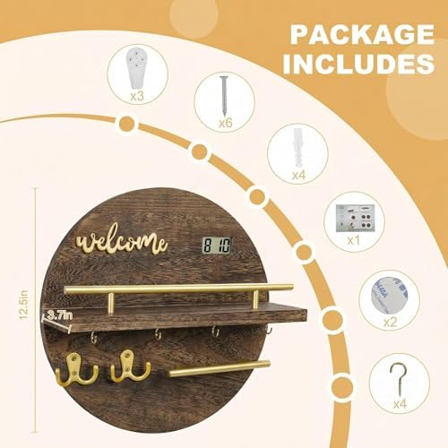 Key Holder for Wall, Key and Mail Holder Organizer with - Key Holder Wall Mount - Round Wooden Rustic Home Decor for Entryway, Mudroom, Hallway, Kitchen Office (Brown&Gold) - Image 6