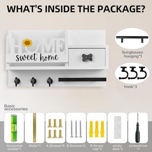 AIRPOP Key Holder Wall Mount-Home Sign Mail and Key Organizer for wall with 3 Hooks and Storage Drawer, Easy Installation Key Rack Hanger for Entryway Living Room House Decor (White) - Image 3