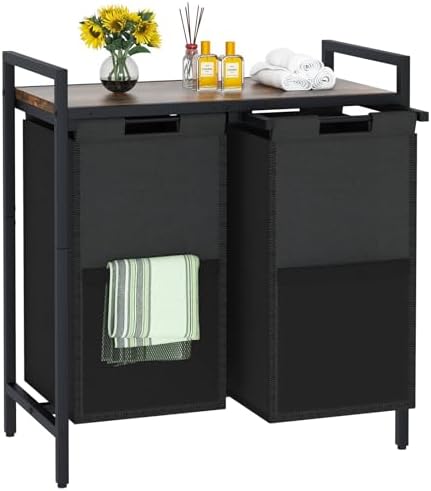 Huhote Laundry Hamper, double Laundry Basket, Laundry Sorter with Top Shelf & 2 Removable Washable Bags & Side Pockets for Laundry Room organization, Bathroom and Dorm, Rustic Brown and Black by Huhote