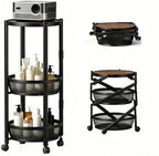 3-Tier Foldable Rolling Cart, Collapsible Metal Utility Cart with Wheels, Assembly-Free, Round Storage Organizer Trolley for Kitchen, Bathroom, Dorm, Nursery-Black by NOEMOCY