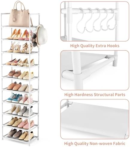 LANTEFUL 10 Tiers Tall Shoe Rack 20-25 Pairs Boots Organizer Storage Sturdy Narrow Shoe Shelf for Entryway, Closets with Hooks, White - Image 4