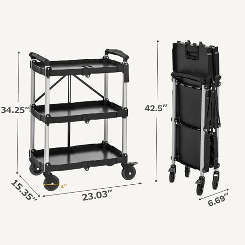 DWVO 3-Tier Foldable Service Cart with Swivel Wheels & Brake, 350LBS - Image 5