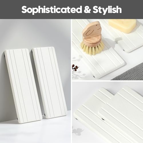 Razborci 2PCS Diatomite Quick Stone Drying Tray Mat for Bathroom & Kitchen Counter, Instant Dry Water Absorbent Drink Bar Coaster,Vanity Sink Caddy Organizer,Dish Soap Sponge Holder, White,9"x3.5" - Image 7