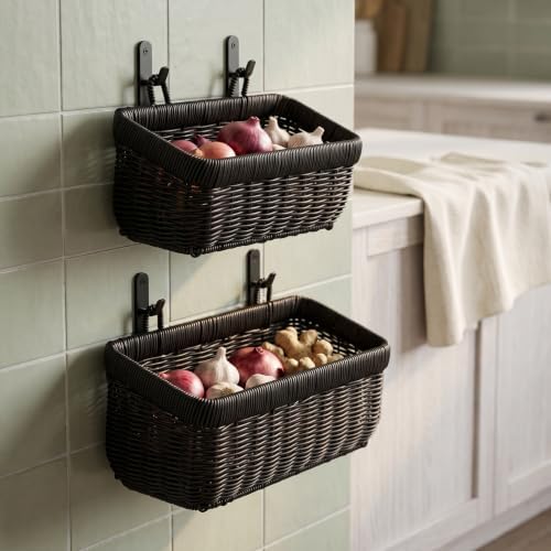 Wicker-Style Hanging Baskets, Plastic Basket for Kitchen Fruit Vegetable Organizing - Image 6