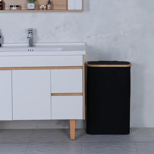 60L Slim Laundry Hamper,Laundry Basket with Lid,Tall Hamper for Laundry,Dirty Cloth Hamper with Bamboo Handle for Toys,Towels, Clothes Organizing,Black - Image 5