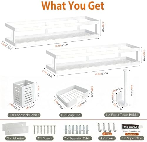 PUSDON 5-in-1 16.5" Extra Long Kitchen Organizer & Shower Caddy Set, Wall Mount Spice Rack with Paper Towel Holder, Utensil Holder & Soap Dish, Rustproof Mesh - White, Guardrail - Image 2