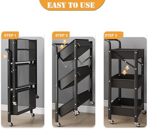 Foldable Rolling Cart 3 Tier Utility Storage Cart No Assembly Metal Heavy Duty Kitchen Carts Folding on Wheels Trolley Organizer Cart with Cup and Hooks for Office/Classroom/Dorm(Black) - Image 3