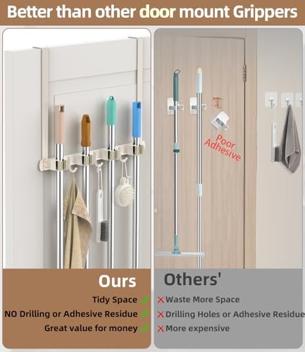 Broom Holder Over The Door with Hooks -304 Stainless Steel (light beige) - Image 5