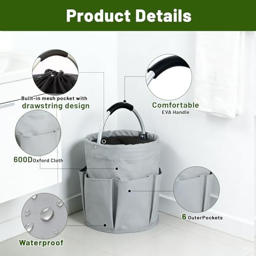 17L Foldable Cleaning Caddy with Handle - Portable Oxford Fabric Storage Bucket, Organiser for Cleaning Supplies, Toiletries, Home, Garden, Picnic & Beach (Apricot Gray) - Image 4