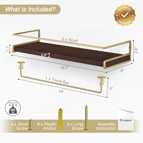 Floating Shelves Bathroom Shelves Over Toilet Set of 2, Bathroom Wall Shelves with Towel Bar, Wall Mounted Vanity Shelf for Bedroom, Kids Room, Kitchen (Brown & Gold) - Image 3