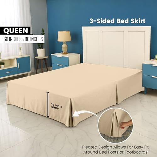 Queen Bed Skirt, Hides Under-Bed Storage 16 Inch Drop, Pleated, Beige - Image 2