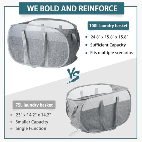 100L Collapsible Laundry Baskets, Tear Proof Pop Up Laundry Hamper with Dual Handles, Large Foldable Laundry Basket, Easy to Carry Laundry Hamper for Home, Laundry Room, Bedroom, Dorm, Travel Grey - Image 5