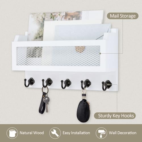 Nekon Mail and Key Holder for Wall Decorative, 11 Inch Mail Holder, White - Image 3