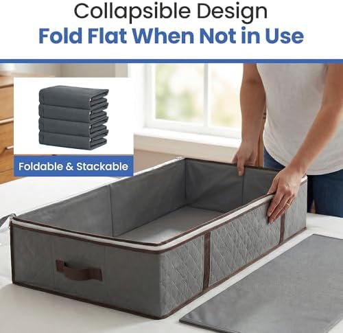 Underbed Storage Bags 4-Pack - Foldable Under Bed Storage Organizer for Clothes, Bedroom Blankets, Comforter, Pillows, Linen Sheets, Towels, Sweaters, Shoe Drawers - Ideal for College Dorms (Grey) - Image 3