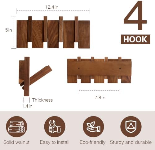 QUELLANCE Wooden Coat Hooks Wall Mounted, Coat Rack Hanger Wall Mount with 4 Hooks, Heavy Duty Coat Hooks for Hanging Coats/Keys/Hats/Robe&Towels/Plants/Bags, Home Decor Gift, Walnut - Image 2