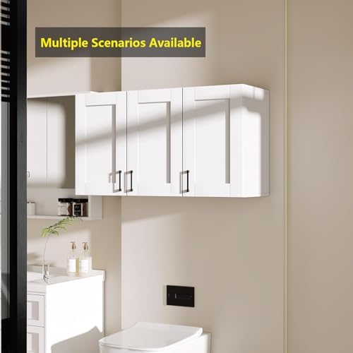 White Laundry Room Cabinets and Storage with 3 Doors and Utility Adjustable Shelf，Gabinetes Para Cocina Cupboard Kitchen Organizers and Storage Pantry Wall Mounted 12.4"D x 35.4"W x 19.7"H - Image 6