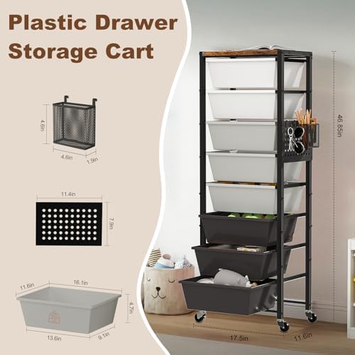 Rolling Cart with Drawers, Rolling Storage Cart with Large Plastic Drawers & Wooden Tabletop, Utility Cart with Pegboards & Basket, Storage Drawers Cart for Living Room, Classroom, Bedroom, Office - Image 2
