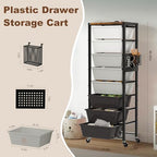 Rolling Cart with Drawers, Rolling Storage Cart with Large Plastic Drawers & Wooden Tabletop, Utility Cart with Pegboards & Basket, Storage Drawers Cart for Living Room, Classroom, Bedroom, Office - Image 2